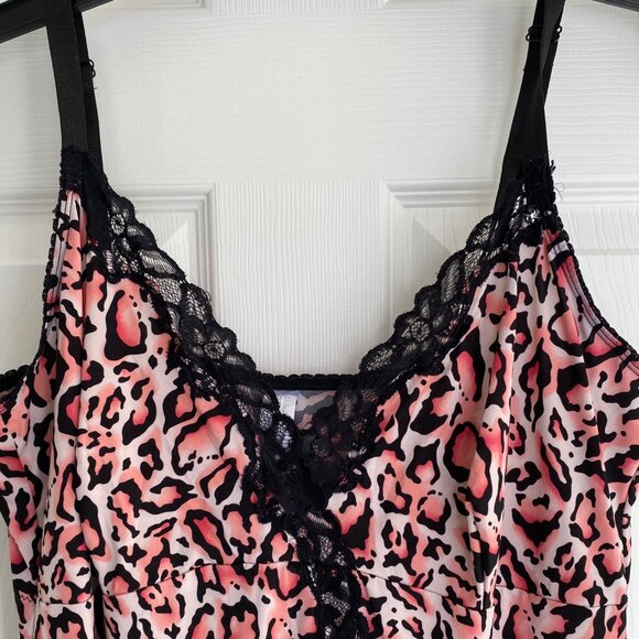 Delta Burke Womens Pink & Black Leopard Print Lace Trim Nightgown Slip Dress - Picture 3 of 8
